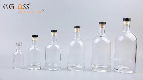 도매 100ml/200ml/375ml/500ml/700ml/750ml/1L 유리 주류 병, 나무 코르크와 북유럽 라운드 빈 유리 병